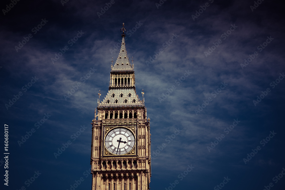 close up of Big Ben Clock Tower Against Blue Sky England United Kingdom