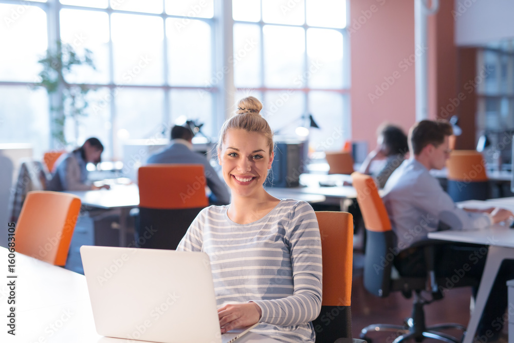 businesswoman using a laptop in startup office