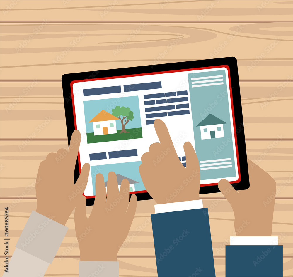Couple hands with tablet searching a house for sale online
Couple hands with tablet searching a house for sale online