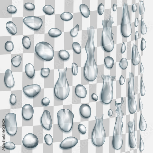 Transparent gray drops flowing along a cylindrical surface. Transparency only in vector format