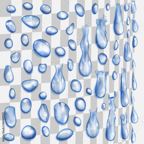 Transparent blue drops flowing along a cylindrical surface. Transparency only in vector format