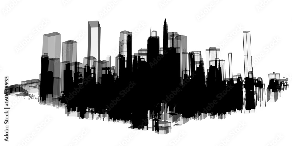 Panorama black city skyscraper tower building 3d illustration with white background.