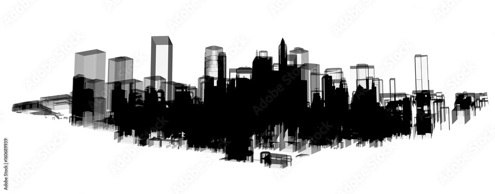 Panorama black city skyscraper tower building 3d illustration with white background.