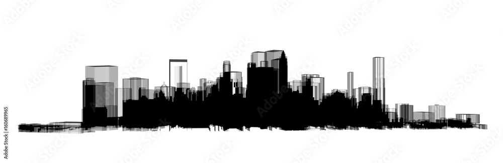 Smart city concept. Panorama black city skyscraper tower building 3d illustration with white background.