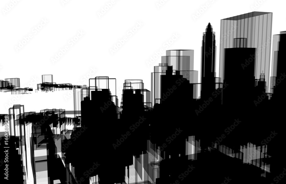 Black city skyscraper tower building 3d illustration with white background.