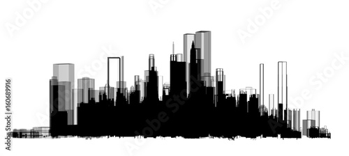 Panorama black city skyscraper tower building 3d illustration with white background.