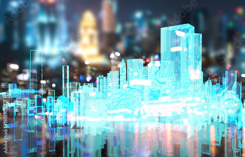 Power grid , smart city energy , electric Energy Distribution chain industry technology concept.  3D rendering of building and blur city bokeh background. photo