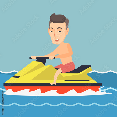 Caucasian man riding on a water scooter in the sea