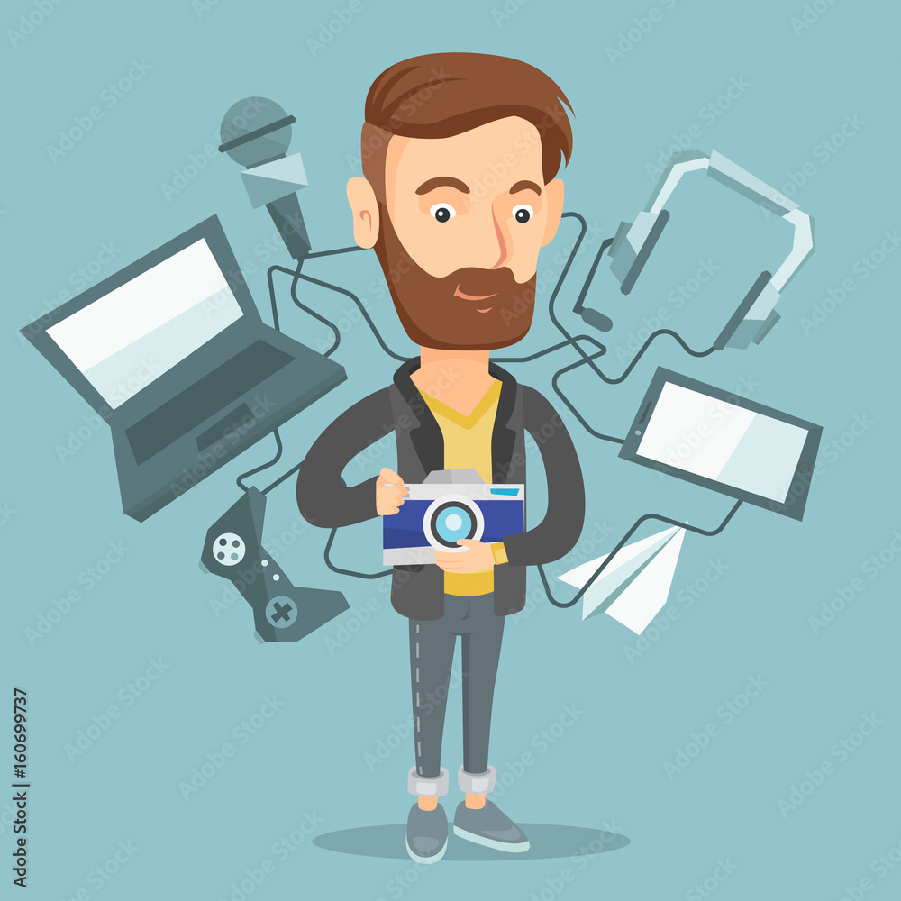 Young man surrounded with his gadgets. Young man surrounded with his gadgets.