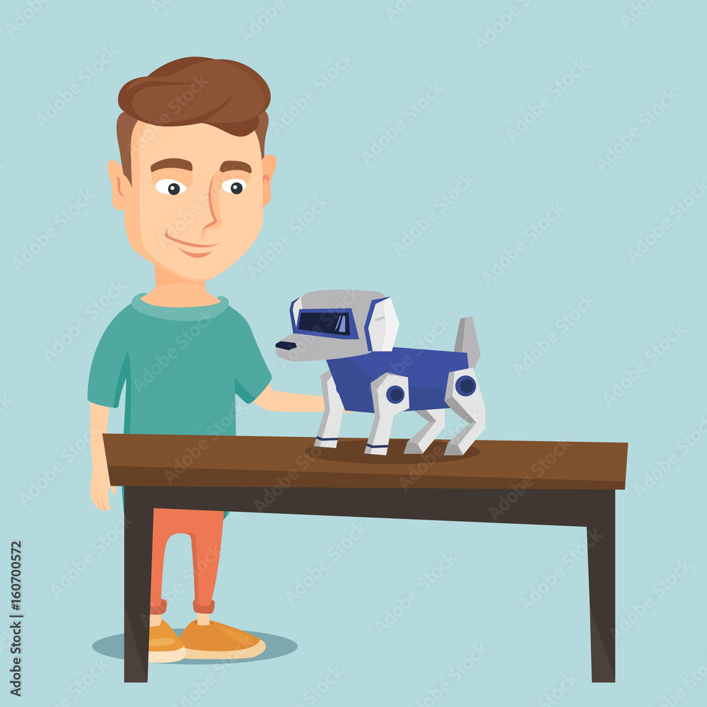 Happy young man playing with robotic dog.