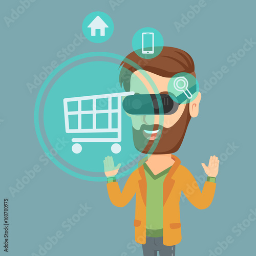 Man in virtual reality headset shopping online.