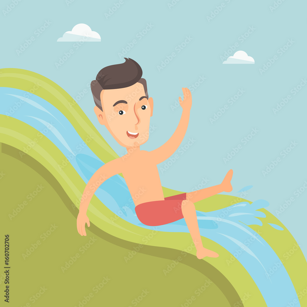 Man riding down waterslide vector illustration.