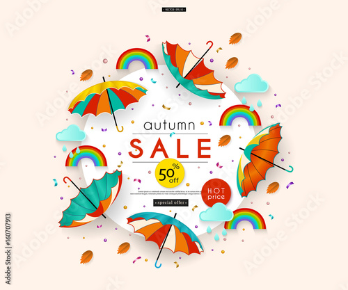 Autumn Sale. Stylized multicolored umbrellas, rain, leaves, clouds, rainbow, confetti. Message. Abstract pattern for advertising, banners, posters, flyers, leaflets, signboards. Vector illustration