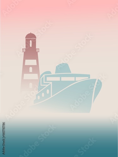 Large transoceanic cruise ship and lighthouse silhouettes. Travel company business card design