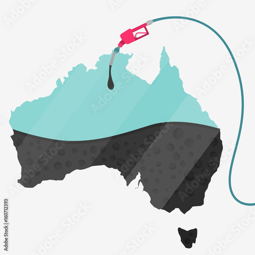 Map of Australia being fueled by oil. Gas pump fueled map. On the map there is glass reflection. Conceptual. Oil producing or importing countries.