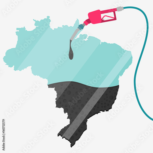 Map of Brazil being fueled by oil. Gas pump fueled map. On the map there is glass reflection. Conceptual. Oil producing or importing countries.