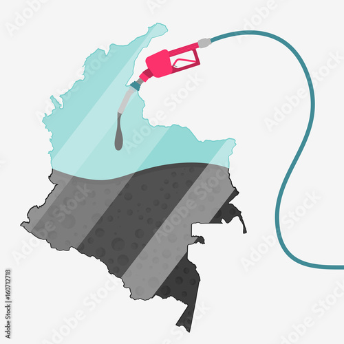 Map of Colombia being fueled by oil. Gas pump fueled map. On the map there is glass reflection. Conceptual. Oil producing or importing countries.