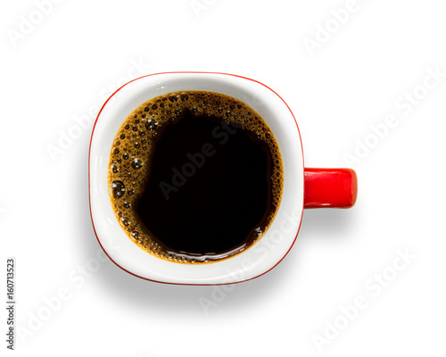 Top view of a red coffee cup isolated on white background.