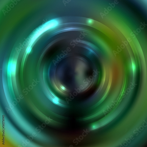 Abstract background with dark green luminous swirling backdrop. Vector infinite round tunnel of shining flares.