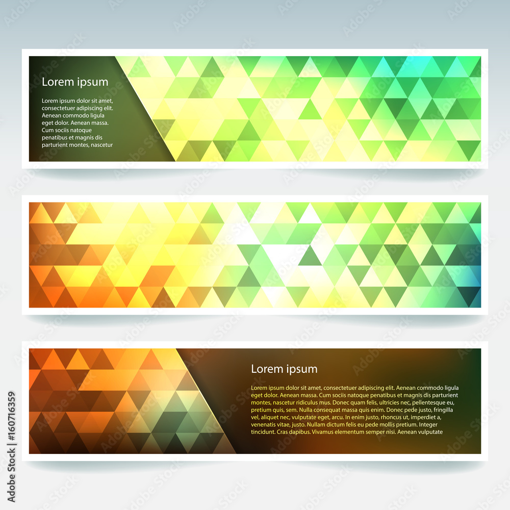 Set of banner templates with abstract background. Modern vector banners with polygonal background. Yellow, green, orange colors. Set of banner templates with abstract background. Modern vector banners with polygonal background. Yellow, green, orange colors.