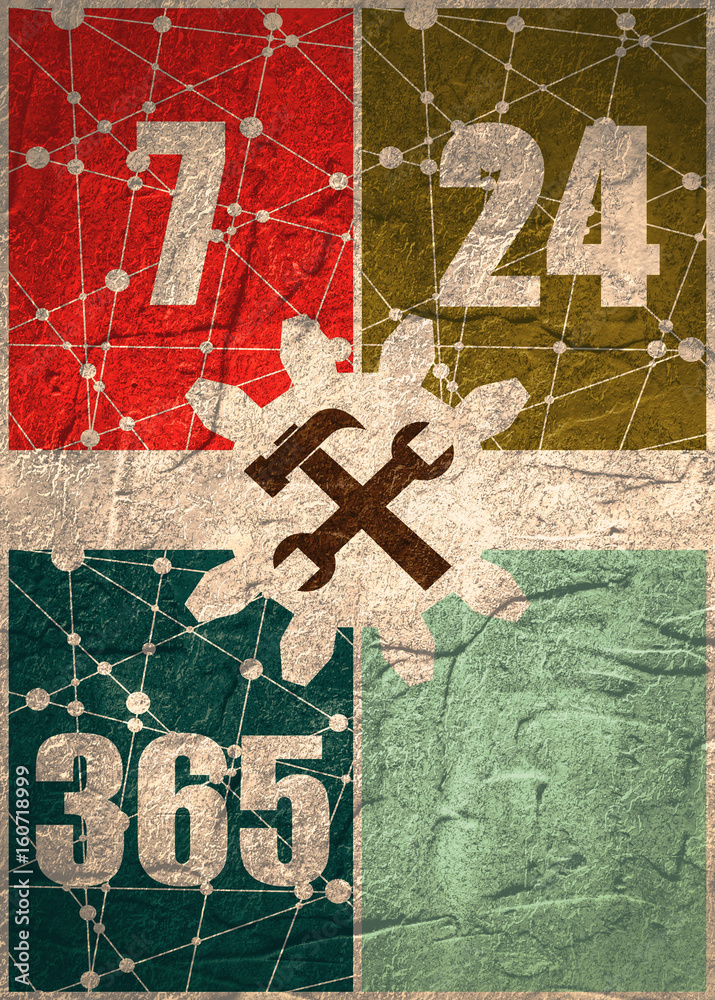 Obraz premium Cogwheel gear with wrench key. 24 hour 7 day customer support service. Connected lines with dots. Molecule And Communication Background. Grunge concrete texture