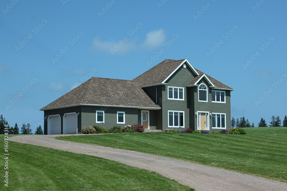 Luxury home with landscaped front yard in Summer