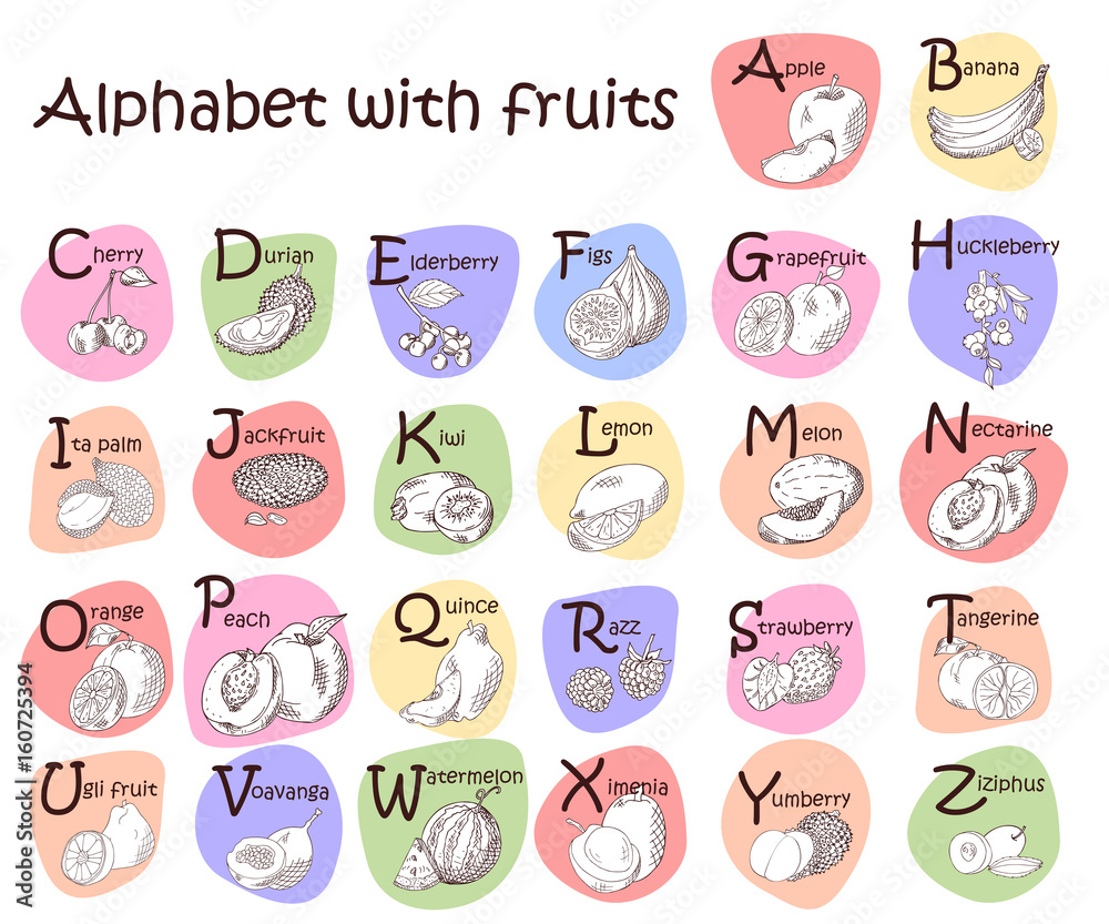 Fototapeta premium Alphabet for kids with fruits. English ABC. Cute modern template