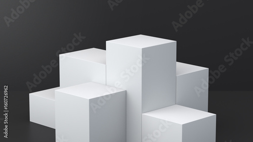 White cube boxes with dark blank wall background for display. 3D rendering. 