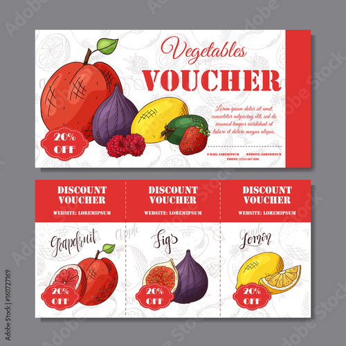 Cafe discount voucher for your business. Modern style with food element on background. Template vector with fruitsf or farmers.