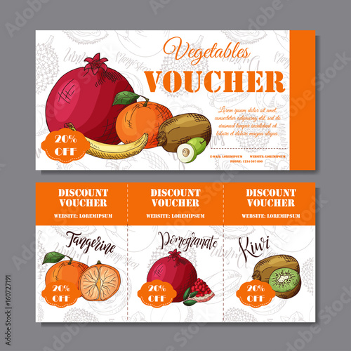 Cafe discount voucher for your business. Modern style with food element on background. Template vector with fruitsf or farmers.