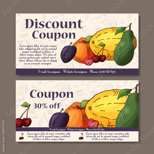 Cafe discount voucher for your business. Modern style with food element on background. Template vector with fruitsf or farmers.