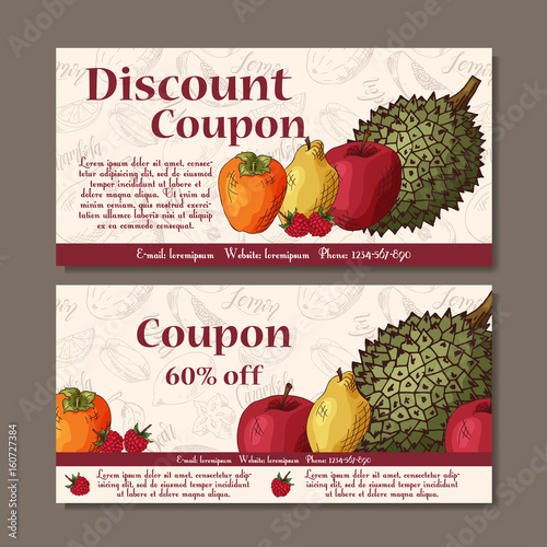 Cafe discount voucher for your business. Modern style with food element on background. Template vector with fruitsf or farmers.