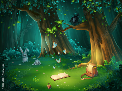 Vector illustration of a forest glade with owl and book