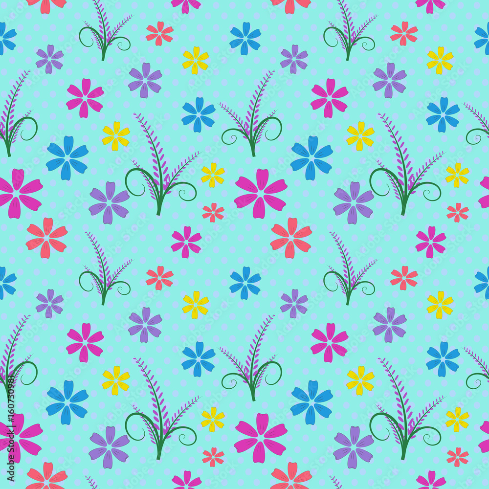 Seamless pattern of colorful flowers and branches of leaves on green background.
