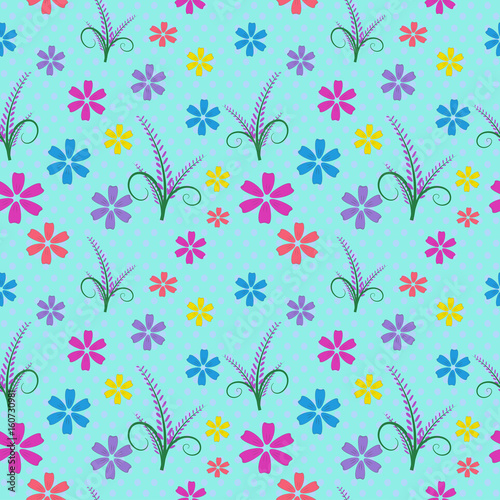 Seamless pattern of colorful flowers and branches of leaves on green background.