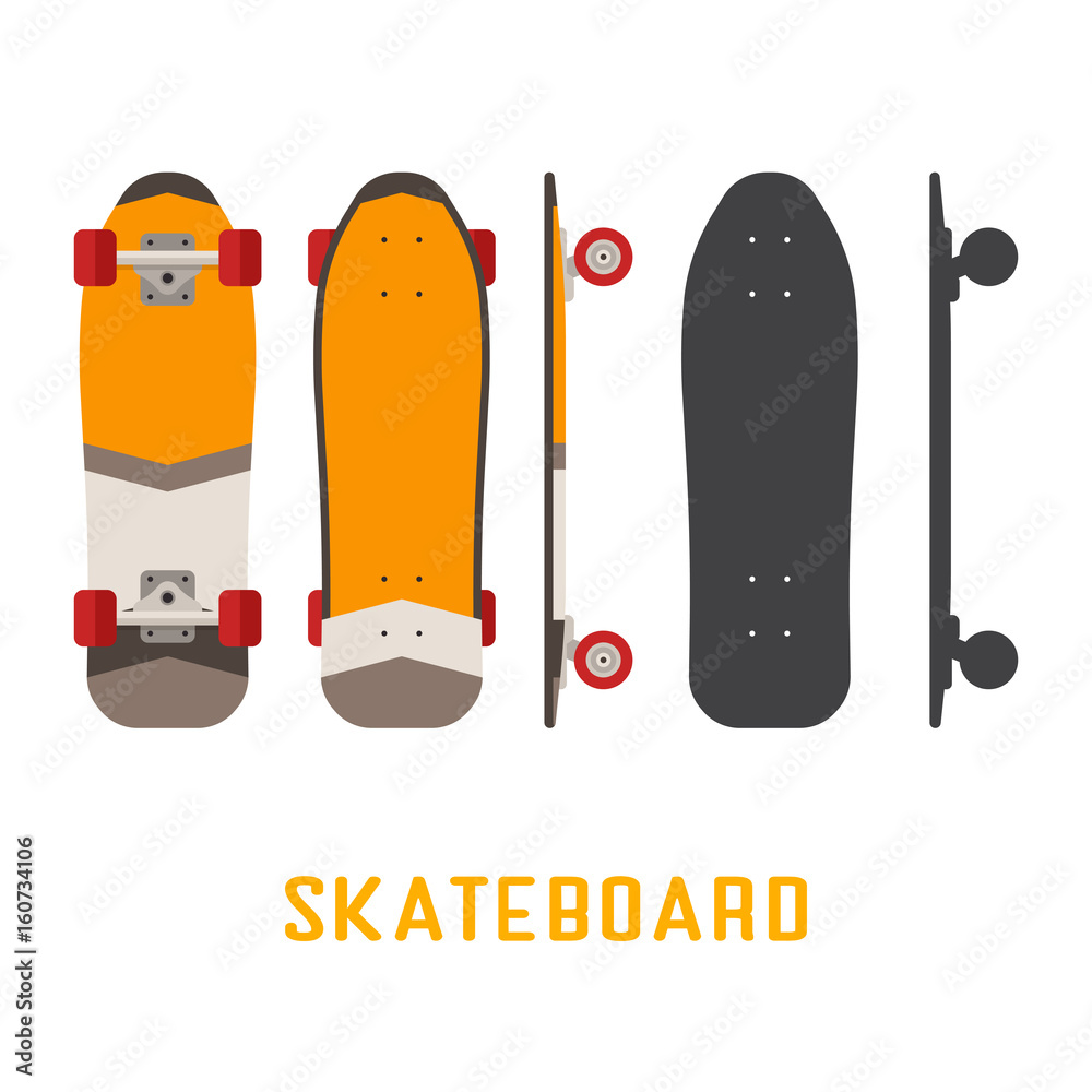 Orange shortboard skateboard bottom, top and side view. Vector skateboarding  deck in flat and outline design. Stock Vector | Adobe Stock