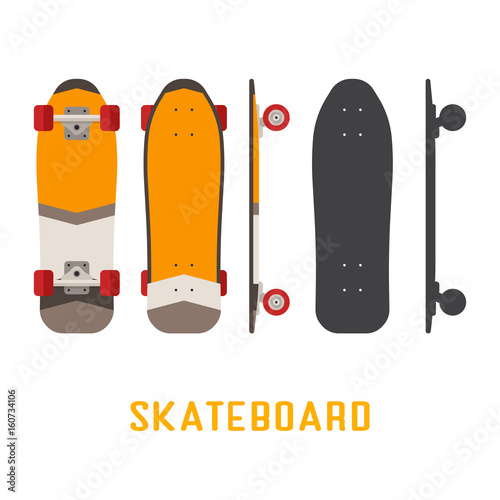 Orange shortboard skateboard bottom, top and side view. Vector skateboarding deck in flat and outline design.