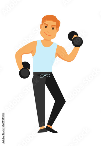 Fit man with dumbbells does exercises isolated illustration