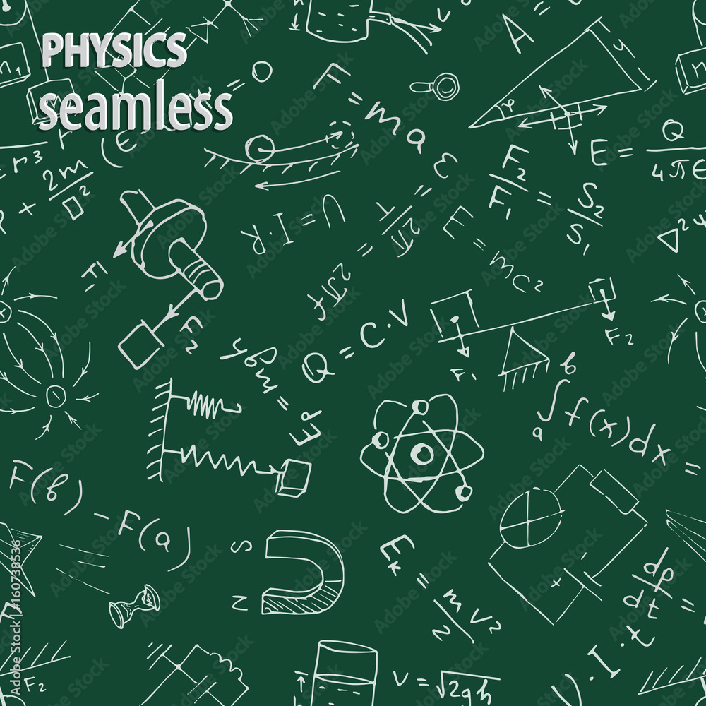 Chalk physics symbols on green blackboard. Vector seamless pattern. Chalk physics symbols on green blackboard. Vector seamless pattern.