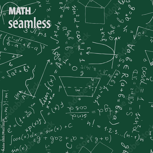 Chalk math symbols on green blackboard. Vector seamless pattern. 
