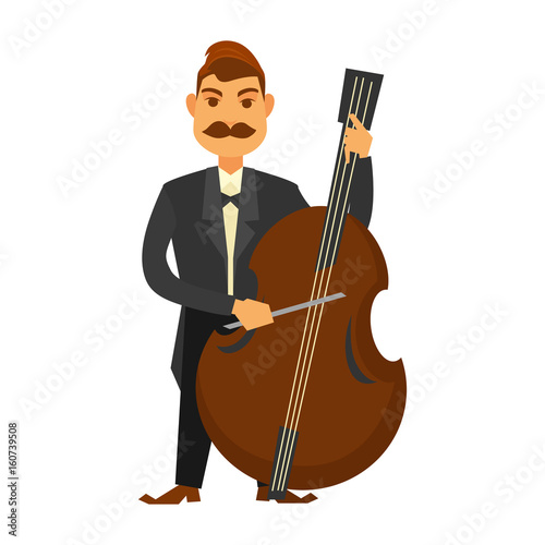 Man with moustache playing contrabass isolated on white