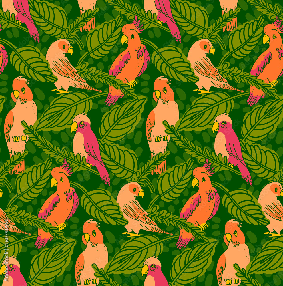 Obraz premium Summer Vector Seamless Pattern. Cartoon Illustration Parrots, Cockatoo and Leaves in pink and green