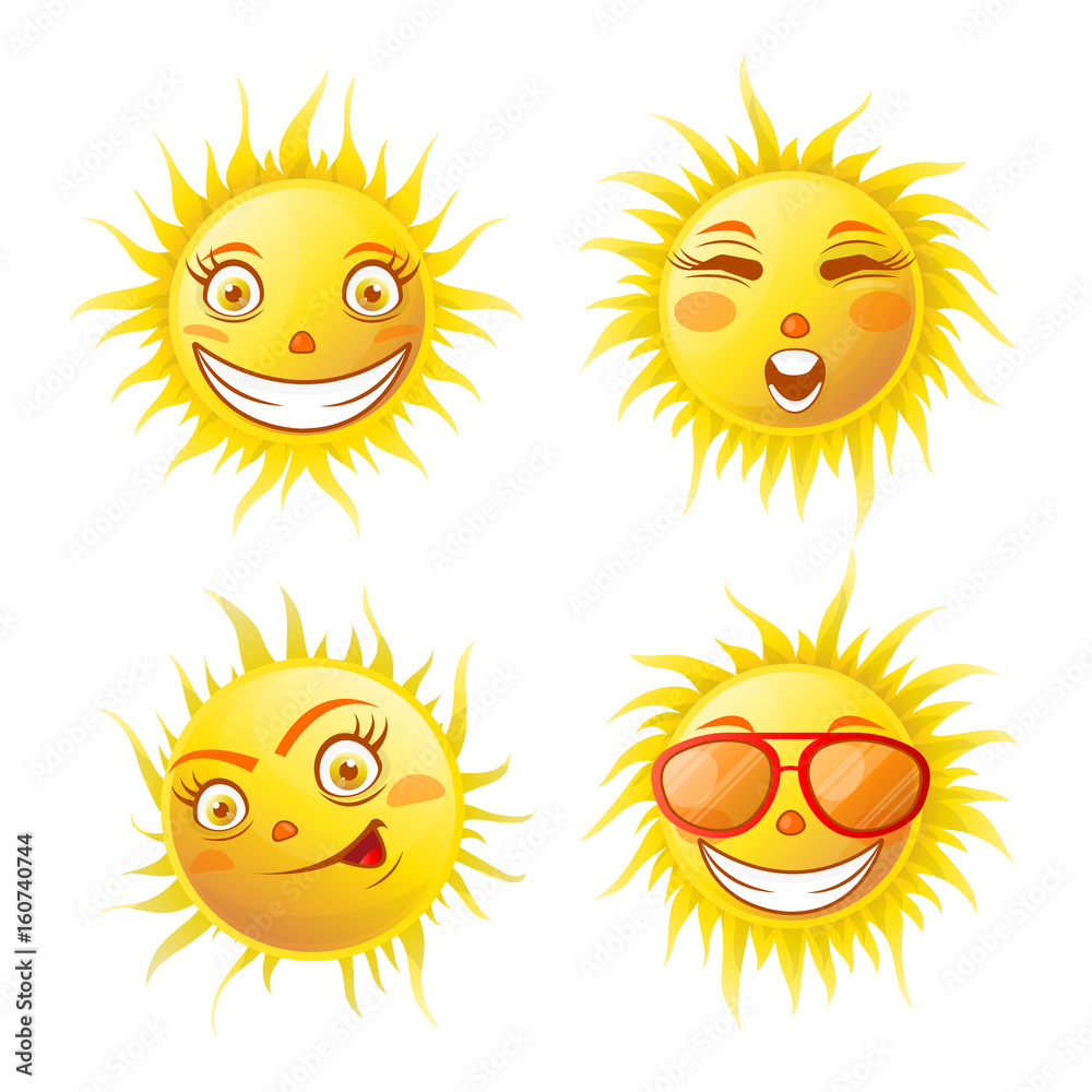 Smiling yellow sun poster of four isolated on white