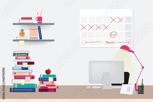 Illustration workspace with computer, books and stationery on the table