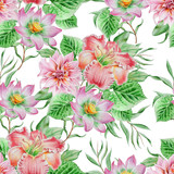 Seamless pattern with flowers. Lily.  Lotos. Watercolor illustration. Hand drawn.