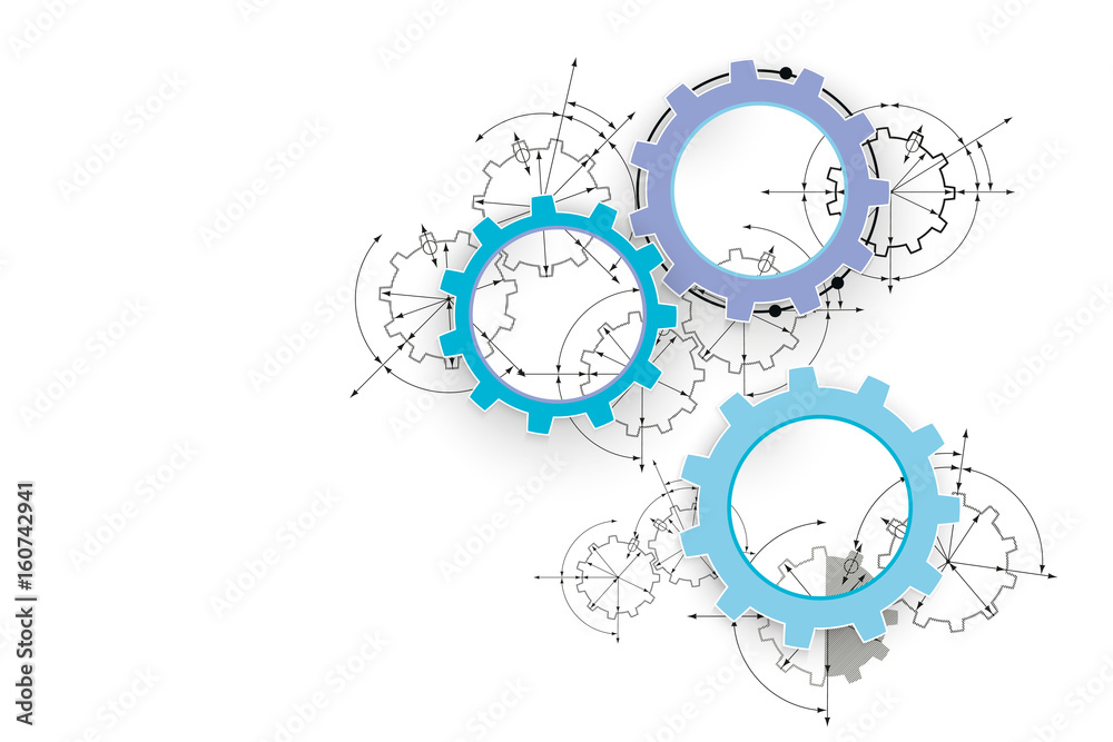 Obraz premium Gears in engagement. Engineering drawing abstract industrial background with a cogwheels.