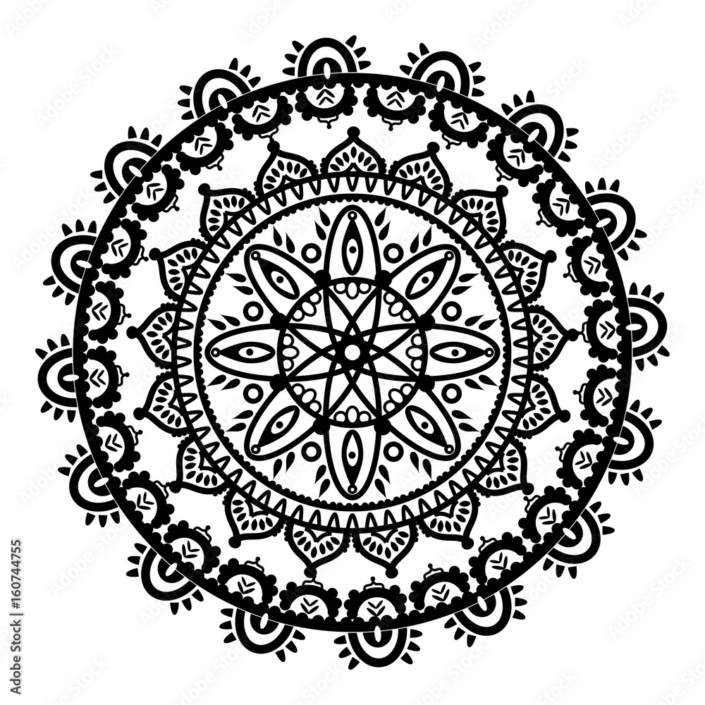 Mandala in the shape of the native culture inspired dreamcatcher made out of swirly elements in black and white symbolizing happiness, love and spiritual life style 2