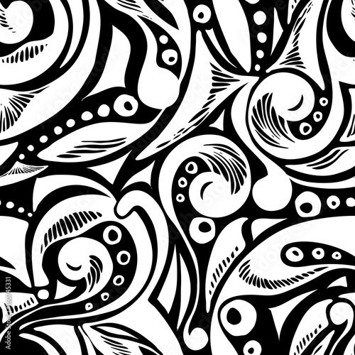 Seamless abstract pattern. Seamless pattern from hand-drawn objects. Seamless pattern from doodles. Black and white. Use as a background for packaging, postcards, wallpaper, prints on fabric, etc.