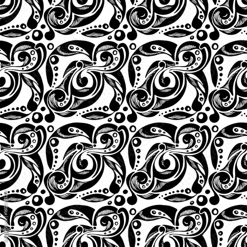 Seamless abstract pattern. Seamless pattern from hand-drawn objects. Seamless pattern from doodles. Black and white. Use as a background for packaging, postcards, wallpaper, prints on fabric, etc.