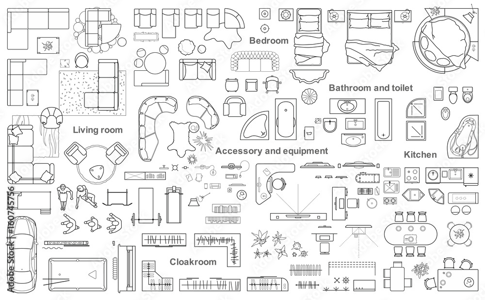 Set of furniture top view for apartments plan. The layout of the apartment design, technical drawing. Interior icon for bathrooms, living room, kitchen, bedroom, hallway . Vector illustration.